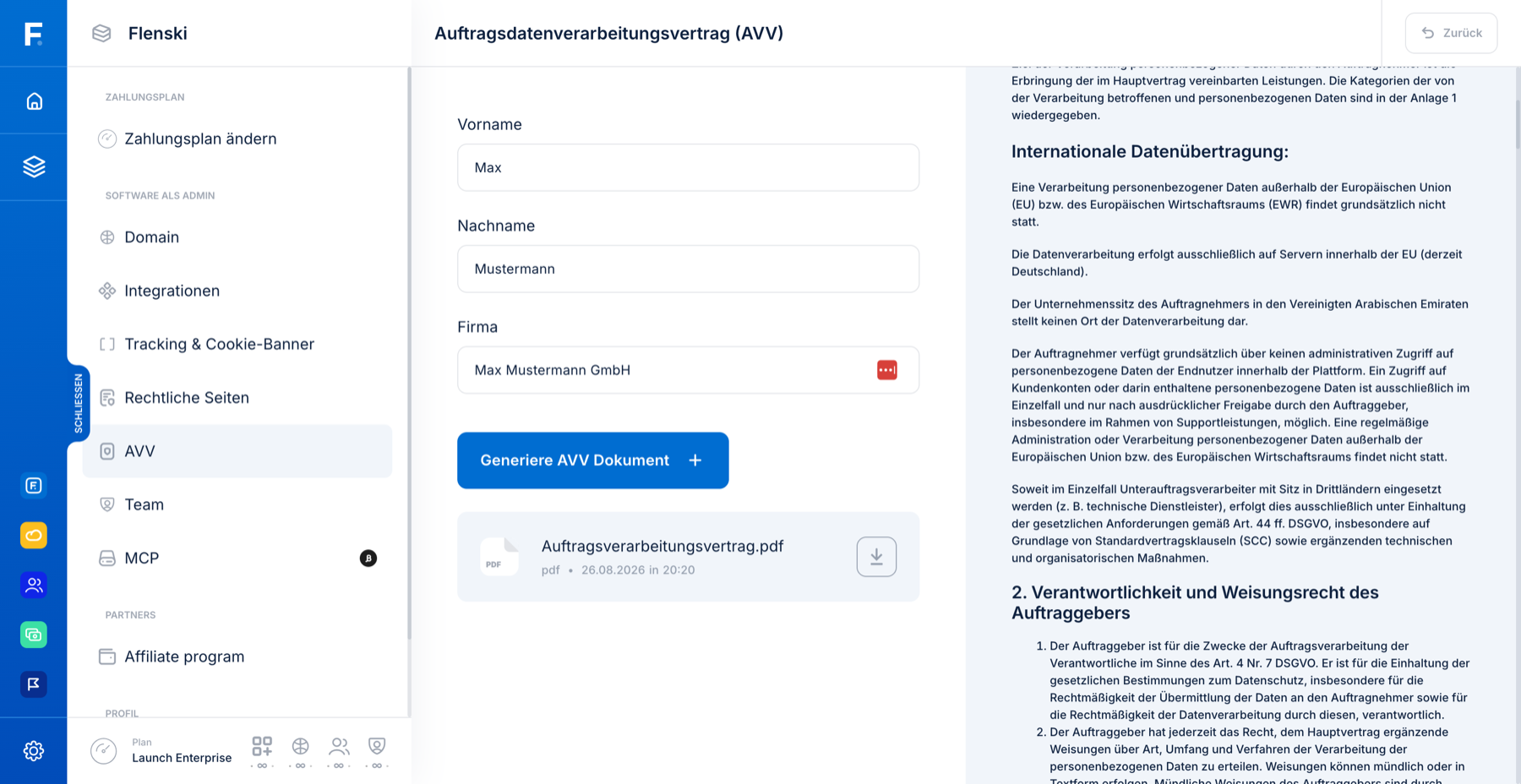 AVV-Generator in den Arbeitsbereichseinstellungen: Formular und Button „Generiere AVV Dokument"