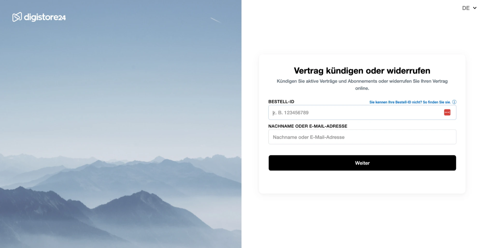 Digistore24-Seite „Vertrag kündigen oder widerrufen" mit den Feldern Bestell-ID und Nachname oder E-Mail-Adresse
