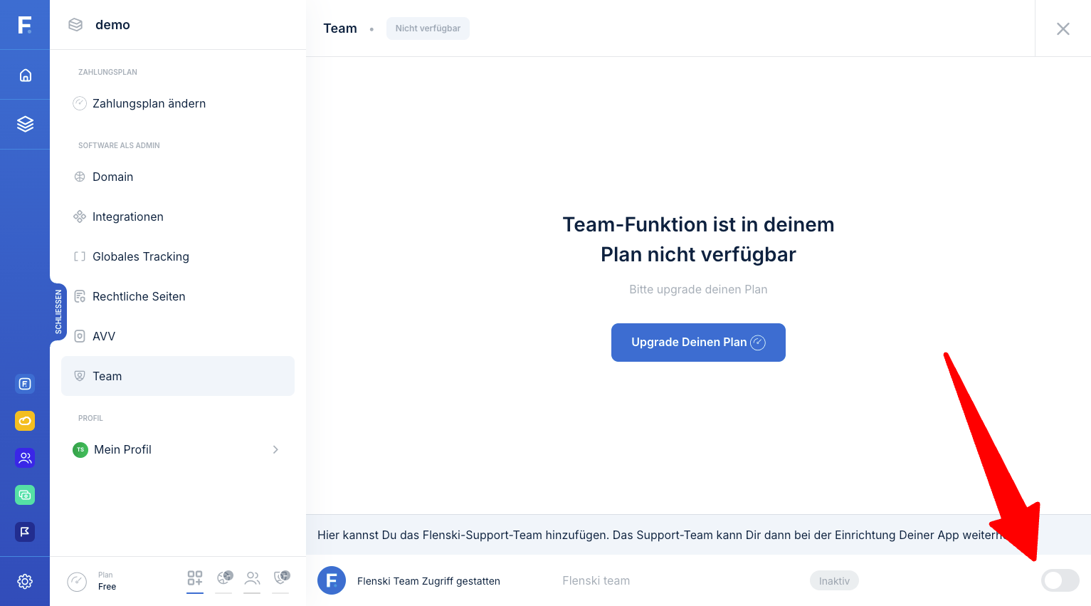 Freigabe-Schalter „Flenski Team Zugriff gestatten" in den Arbeitsbereichseinstellungen