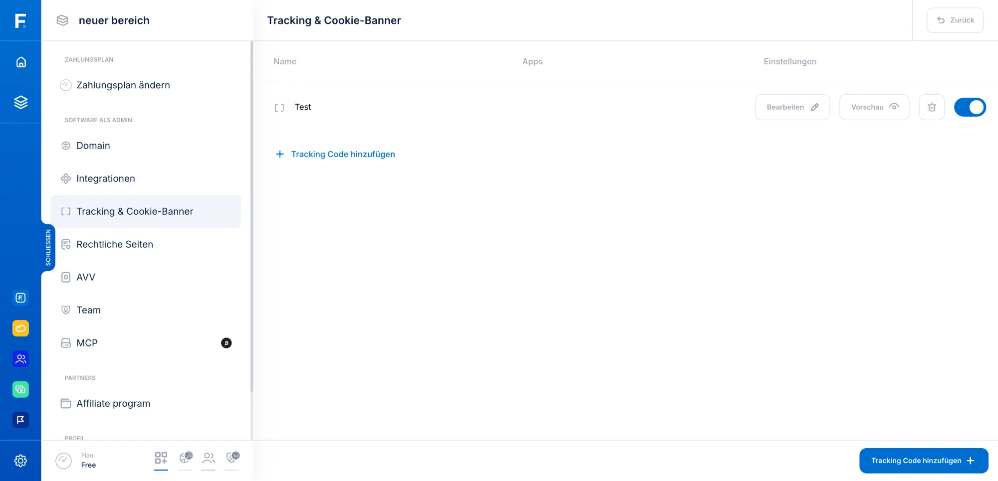 Arbeitsbereichseinstellungen → Tracking & Cookie-Banner: Tracking-Code wird zusammen mit dem Cookie-Banner angelegt